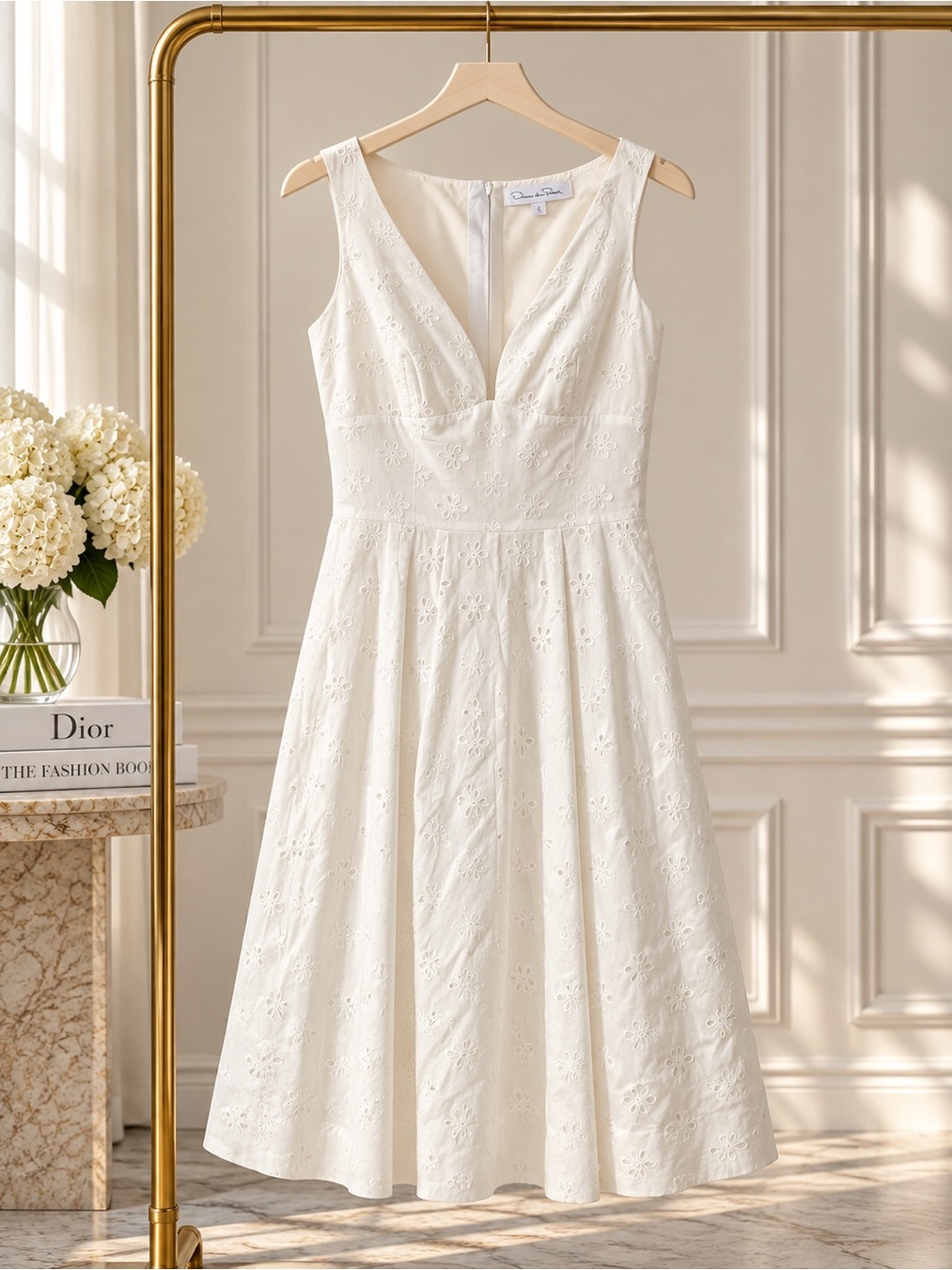 Oscar de la Renta White Embellished Tiered A-line Dress